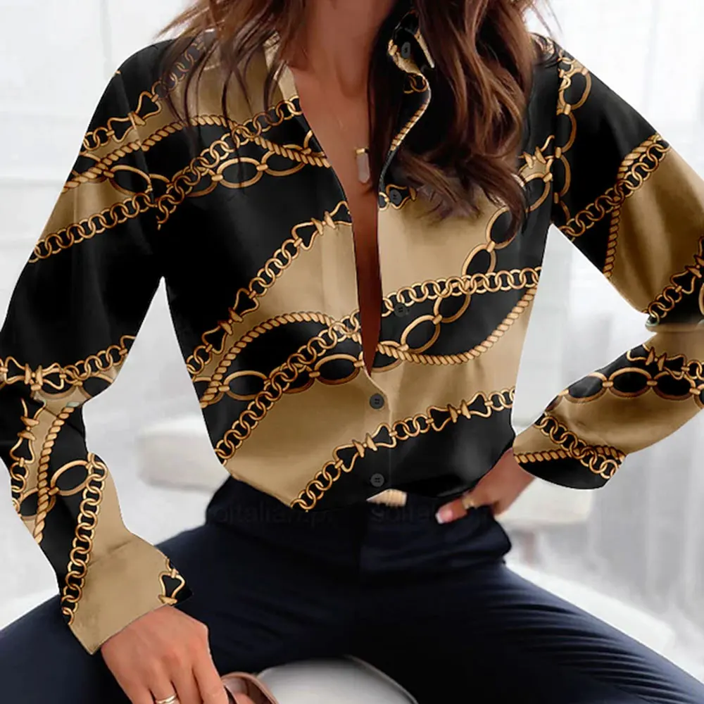 Fashionable Long-Sleeved Shirts For Women V-Neck Loose Fashion Tops Chain Printed Large Size Shirts Spring And Summer Clothing