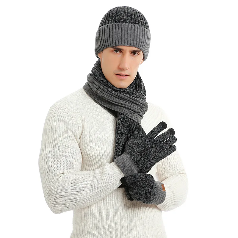 Men's Autumn Winter Keep Warm Set Unisex Beanie Gloves Scarf Male Woollen Yarn Knitted Muffler Spring Fall Contrast Color Hat