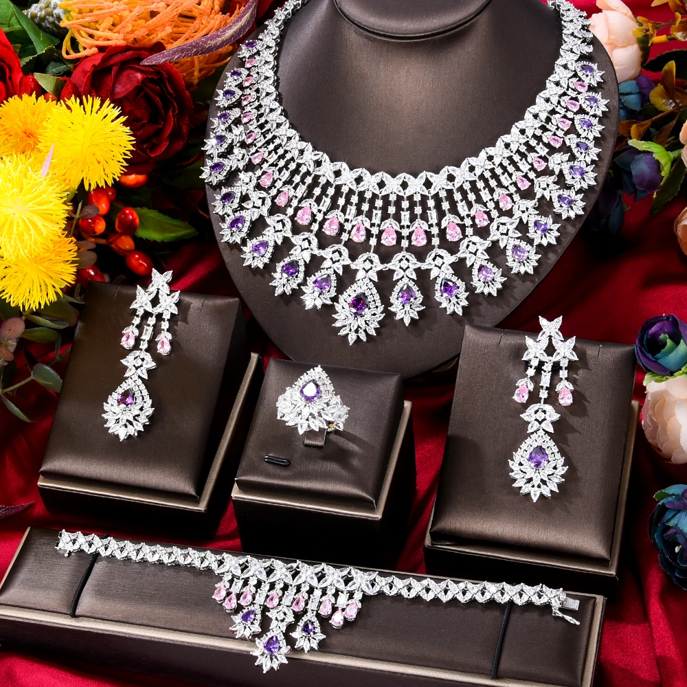 Soramoore DUBAI 4pcs Bridal Zirconia Necklace earring Sets For Women Wedding Party Jewelry Sets CZ Crystal Wedding Jewelry Sets