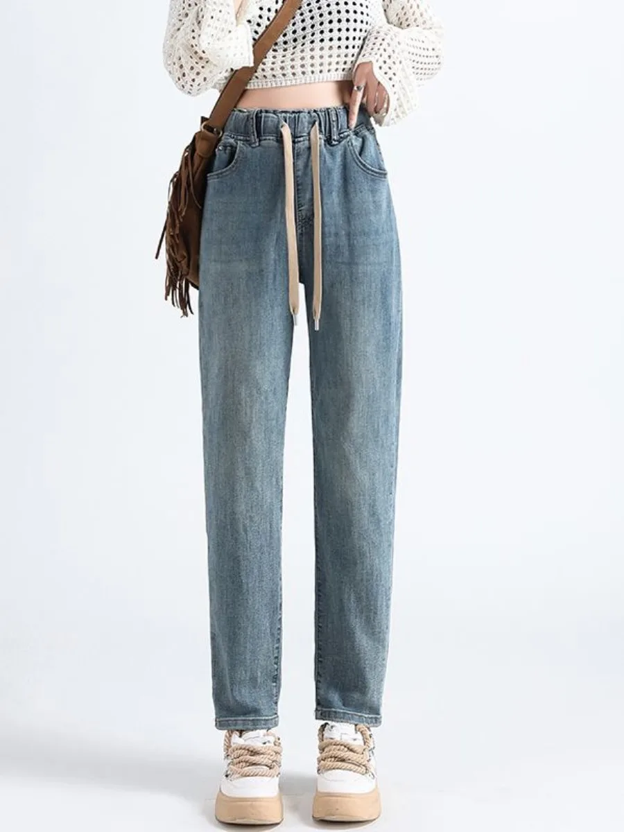 calca-jeans-harem-feminina-de-cintura-alta-com-elastico-fina-estilo-verao-com-bolso-dad-luo-e-lenco-estilo-empresarial-n