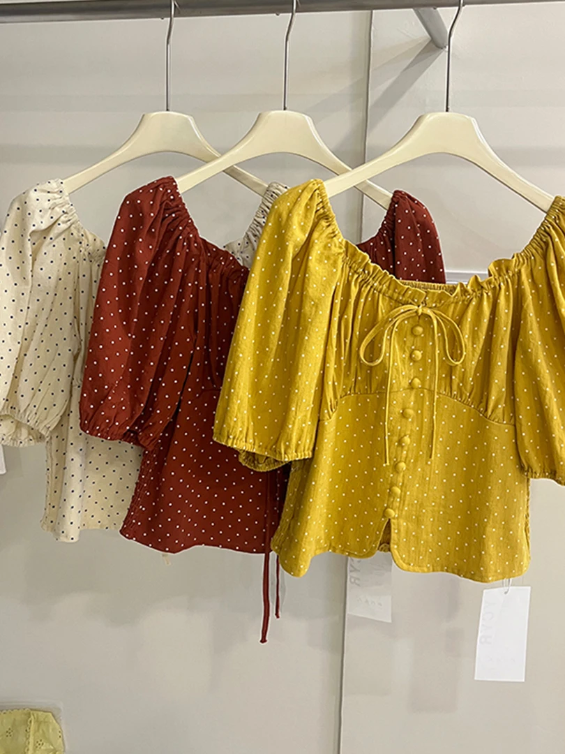 Doux à pois bulle Sve ort Sve irt femmes été nouveau Sle thé arôme Ele petite taille ort longueur haut