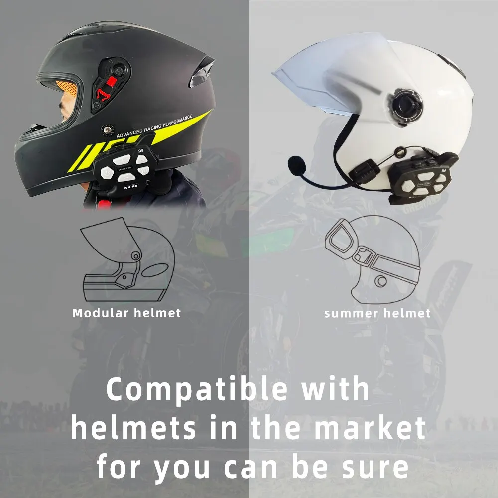 WAYXIN R9 Helmet Headset Motorcycle Intercom 6 Rider Talking Same Time 1500M For Bluetooth Universal Pairing Fm Radio IP67 1Pcs