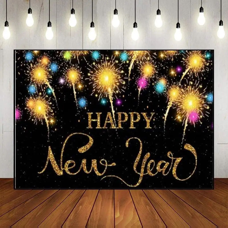 Happy New Year Party Lights Baby Shower Background 12 O 'Clock Countdown Photo Black Gold Glitter Photography Backdrops Fireplac