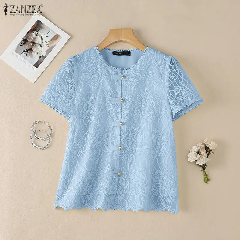 

Летняя кружевная блузка ZANZEA 2026 для женщин: элегантная офисная рубашка с круглым вырезом, коротким рукавом, стильная, ажурная, с пэчворком