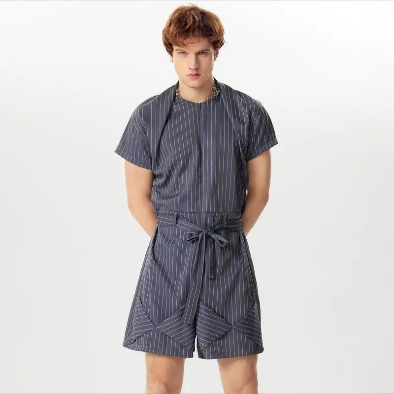 INCERUN Men Striped Rompers O-neck Short Sleeve Streetwear Summer Casual Male Shorts Jumpsuits With Belt 2024 Fashion Overalls