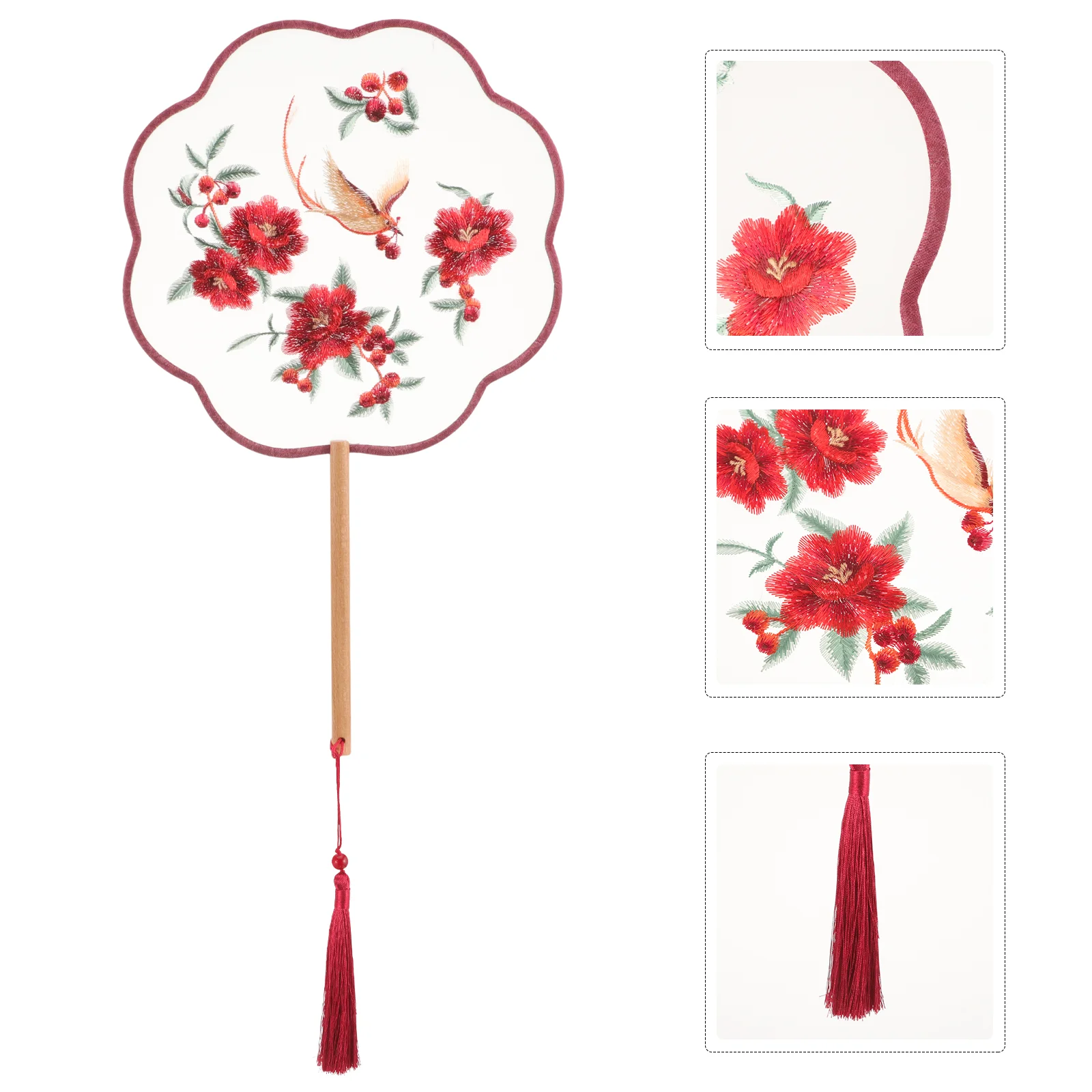 Decor Eight Petal Court Fan Vintage Hand-made Classical Embroidery Wedding Translucent Silk Red