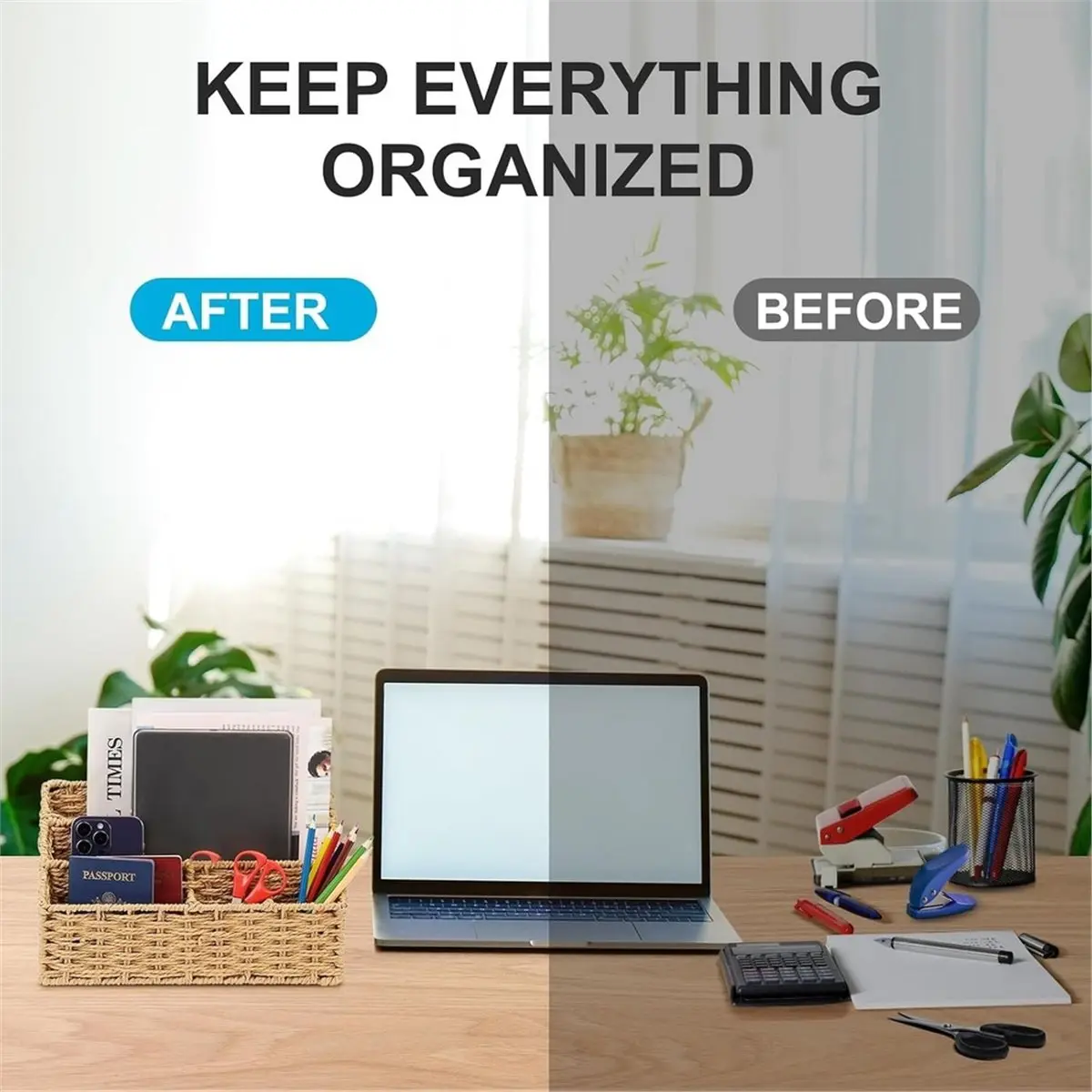 Woven Mail Organizer for Desk Countertop,Desktop Mail Holder Sorter Storage Basket with Envelope Letter File Compartment