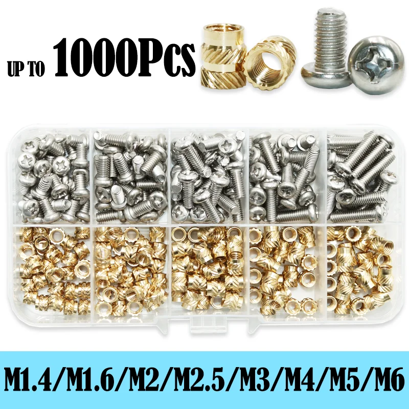 Image of Messing-Einsatzmutter und Edelstahl-Schraubensatz M2 M3 M4 Gewinde Heat Set Einsätze Drucken 3D-Kupfer-Heißschmelzmuttern Maschinenschraube