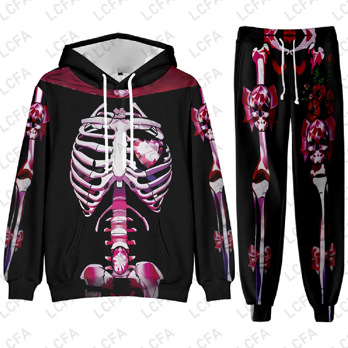 Flower Skull Tracksuit Sets Men's Casual Hoodies Pants 2PCS Mens Long Sleeve Sport Suit Male Pullover Hoodies Sports Clothing