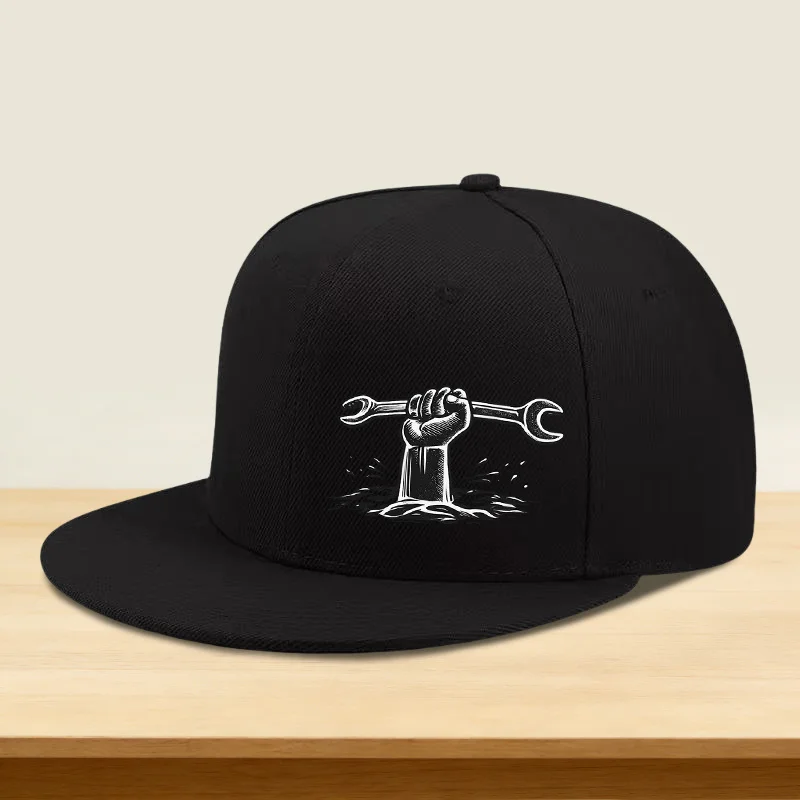 1pc Hipster Cap with Mechanical Wrench Print, Flat Brim High Top, Men'S and Women'S Outdoor Sport Style, Ideal Gift for Camping