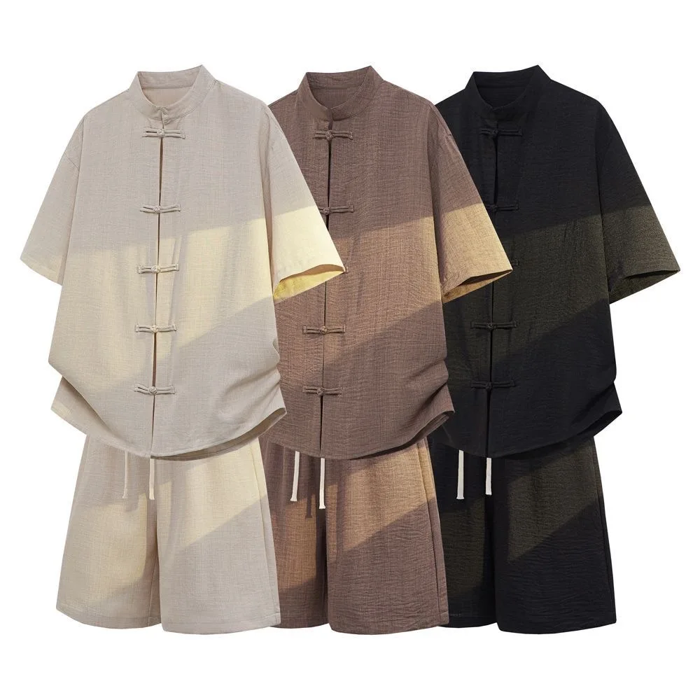 

Summer Fashion Solid Color Sports Fitness Cotton Linen Set Men's Casual Loose Plus Size Breathable High Quality Two-Piece Set