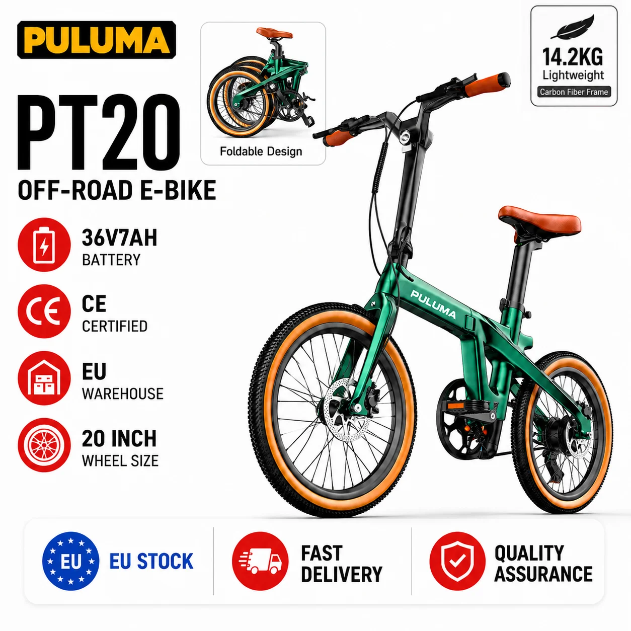 PULUMA PT20 Bicicletta Elettrica Leggera in Fibra di Carbonio Batteria 36V 7Ah E-Bike Pieghevole Display LCD Completo Freni Idraulici