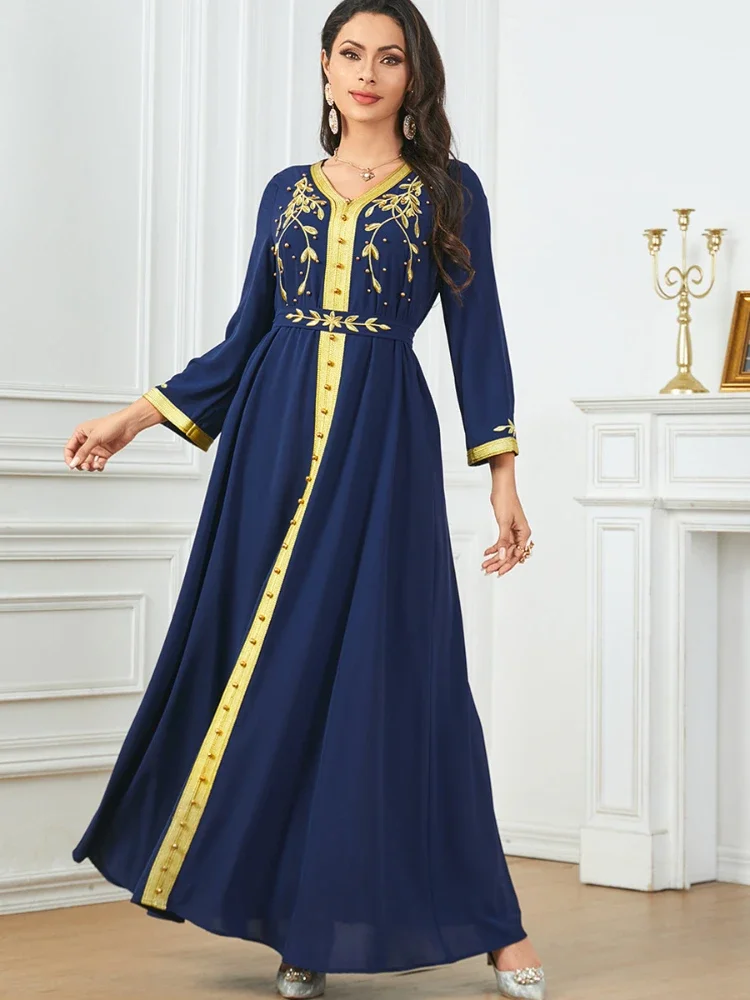 Eid Muslim Women Embroidery Dress Jalabiya Ramadan Morocco Dubai Abaya Kaftan Islam Party Vestidos Arab Lace Up Long Robe 2024