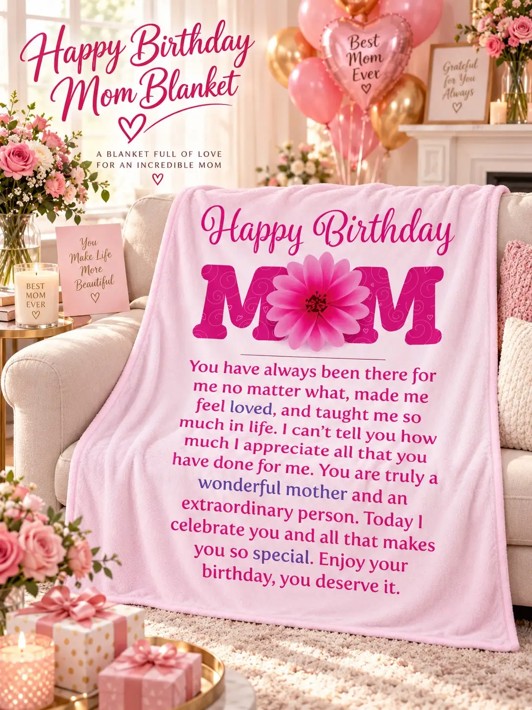 Happy Birthday Mom Flannel Blankets & Throws for Mom Gift Mother Appreciation Blanket for Mom Grandma Mother Family Loved One Birthday Anniversary Christmas Thanksgiving Gift Home Decor Living Room Bedroom Sofa Couch Bed Cover Cozy Warm Keepsake Sent