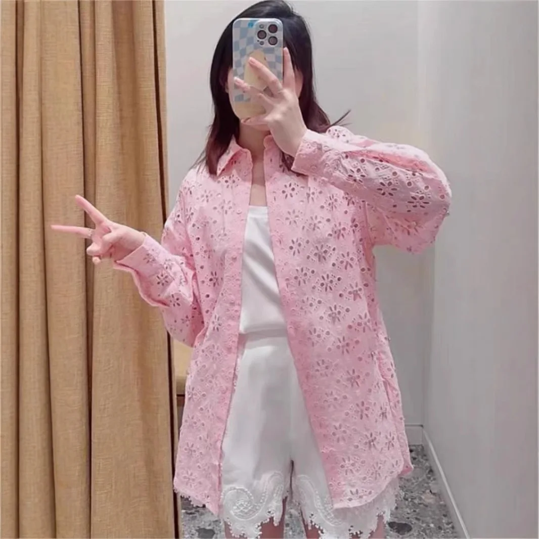 

Pink Women's Shirt Top Floral Hollow Out Embroidery Handmade Diamond Decoration 2026 New Spring Lady Long Sleeve Blouse