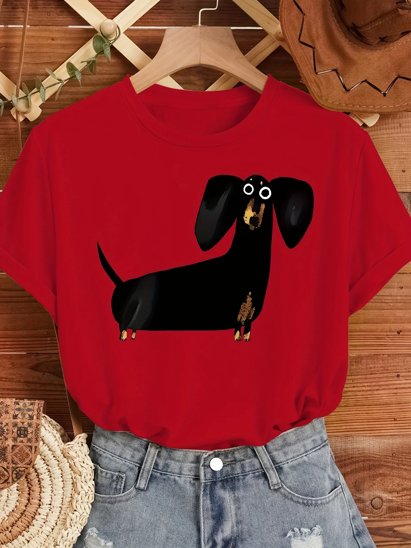 لطيف الأسود السجق الكلب مضحك مطبوعة المرأة تي شيرت قصير الأكمام طاقم الرقبة الأعلى لفصل الصيف المرأة Harajuku ملابس كاجوال