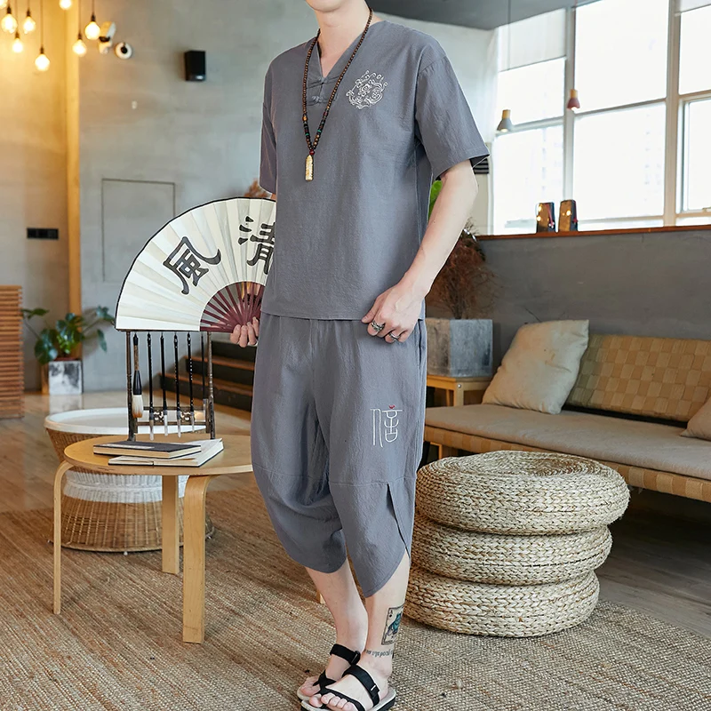 Chinese Style T-shirts+Cropped Pants Sets Summer Cotton Linen Casual Loose 2 Piece Set Business Social Men Clothing