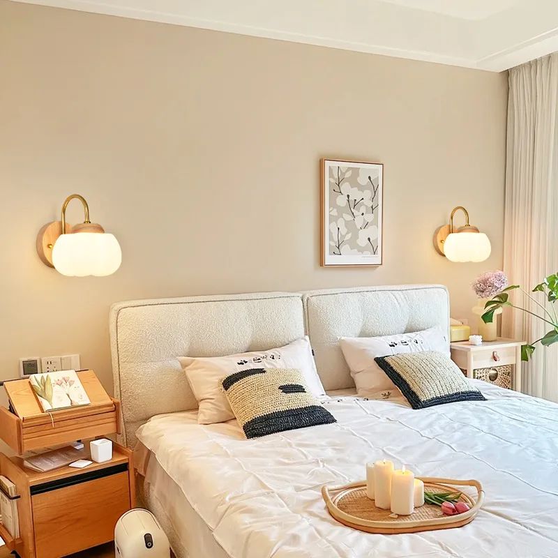 Wall lamp bedroom bedside lamp cream wind living room background wall log cotton L271
