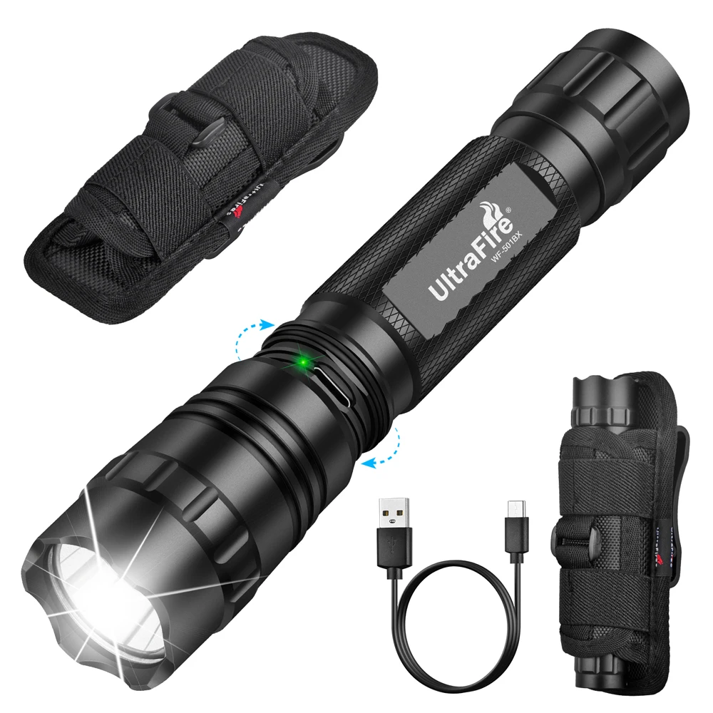 Lampe torche tactique UltraFire WF-501BX avec étui, puissante lampe torche LED de police de 1 200 lumens, rechargeable par USB de type C, pour les urgences quotidiennes