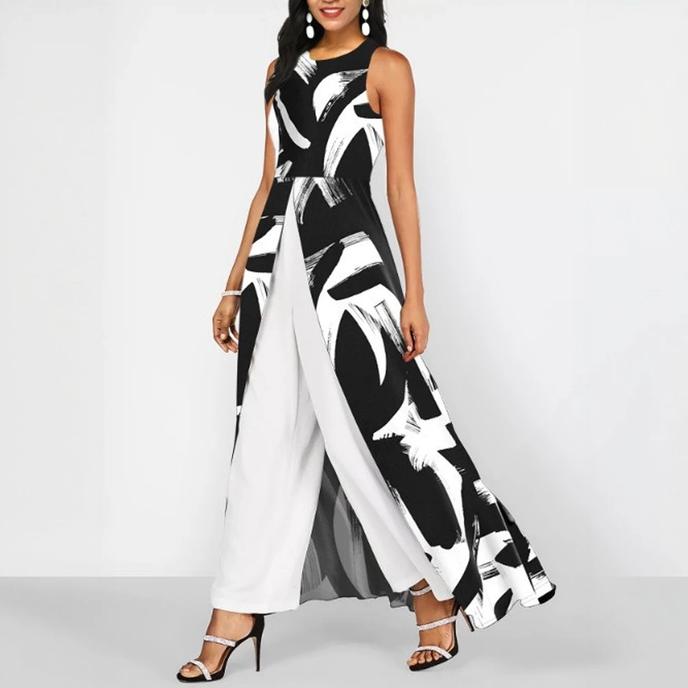 レディース サマー ジャンプスーツ ファッション コントラストカラー ノースリーブ クルーネック フルレングス ワイドレッグ