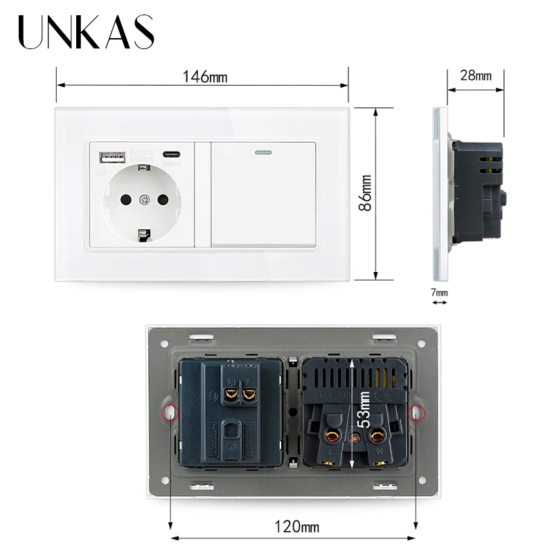 الأبيض نوع C جدار منفذ USB الاتحاد الأوروبي القياسية 16A المقبس 1 2 3 4 عصابة 1 / 2 طريقة تشغيل / إيقاف زر الزجاج المقسى لوحة المخرج #6