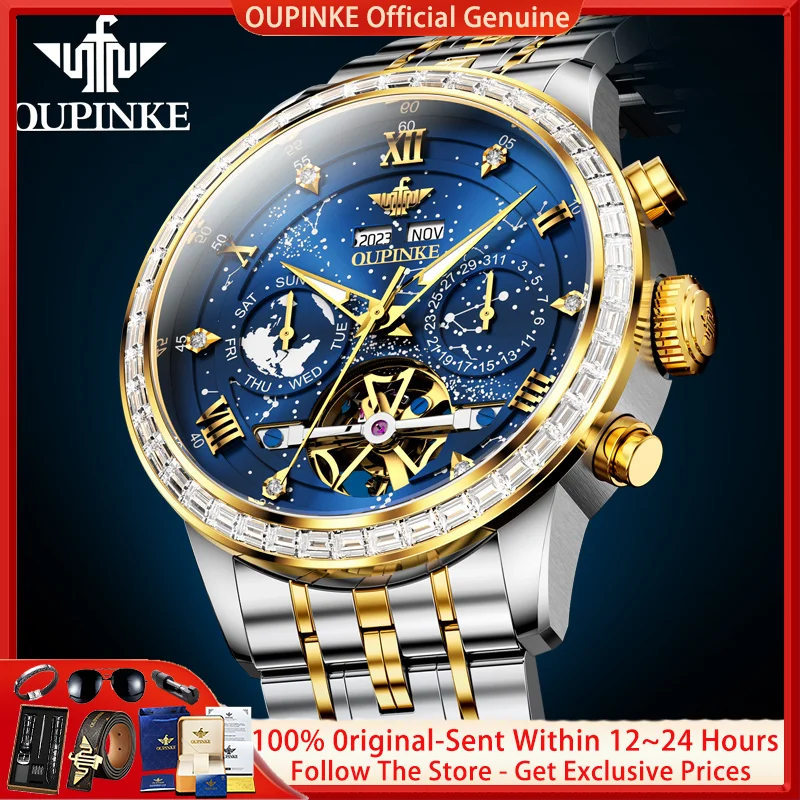 OUPINKE 3255 Men Automatic Mechanical Watch Luxury Starry Sky Multi functional Hollow Chronograph Top Swiss Movement Men Watch