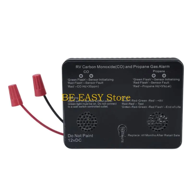 E28F Metal Housing Gas Monitor for Motorhomes with Face-Mounted Test/Silence Control, 2 Side Openings, Red and Black Cables, and