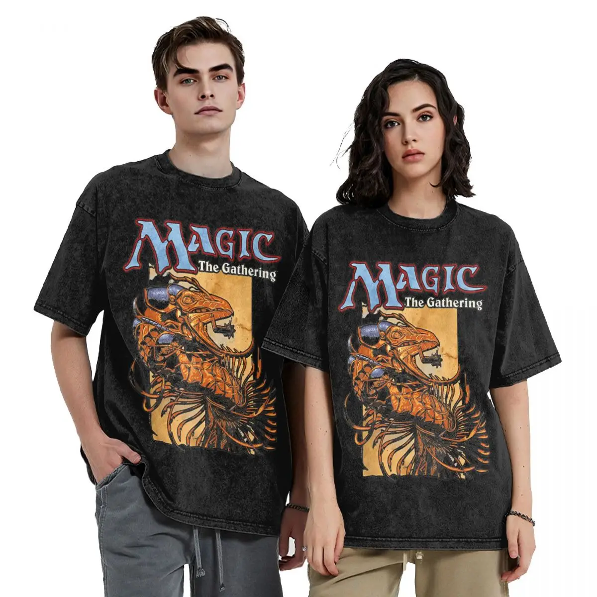 男性と女性のための色あせた半袖サマートップ,mtgヒップホップスタイルのTシャツ,特大のカード,ストリートウェア,魔法のゲーム,収集品