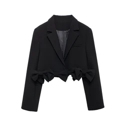 Tangada Women 2024 Fashion Bow Black Crop Blazer Coat Vintage Long Sleeve Female Outerwear BE0321