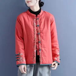 2026 Chinese Style Literature Art Retro Buckle Embroidery Cotton-Padded Jacket Women's Autumn Winter Cotton Coat Cardigan Female