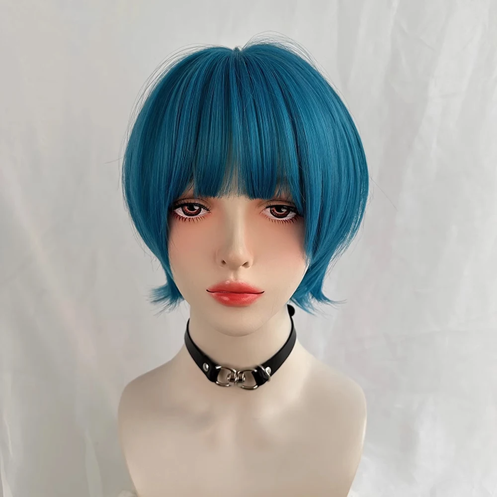 Short Blue Synthetic Straight Women Wig with Bangs Fluffy Lolita Cosplay Wig Heat Resistant for Daily Party