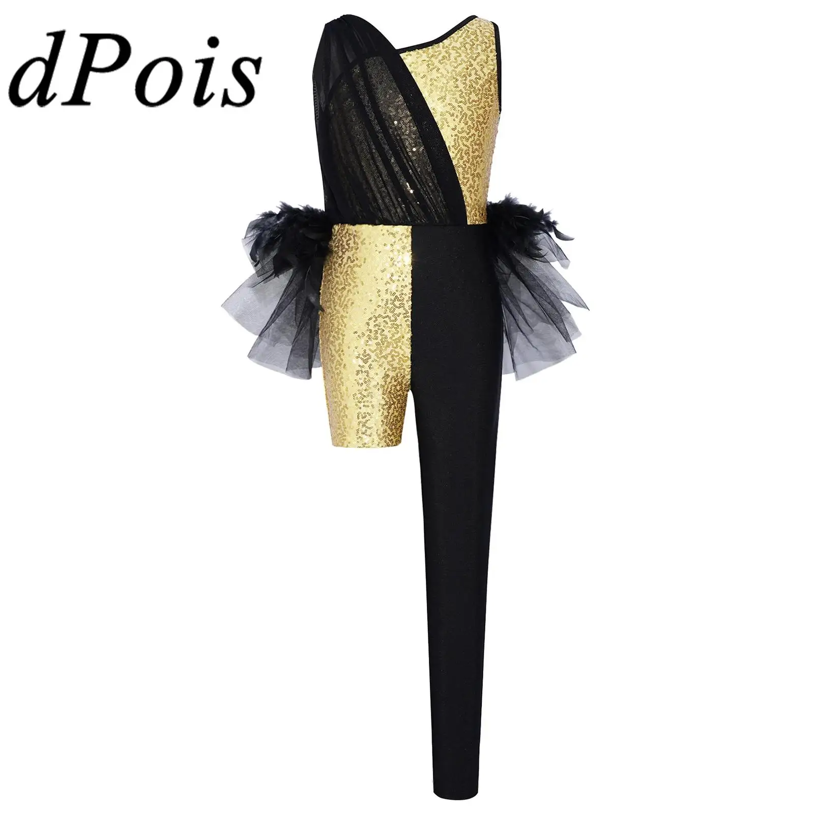 

Kids Shiny Color Block Jazz Dance Unitard Girls Competition Sequins Jumpsuit Asymmetrical Leotard Feather Tulle Skirted Bodysuit