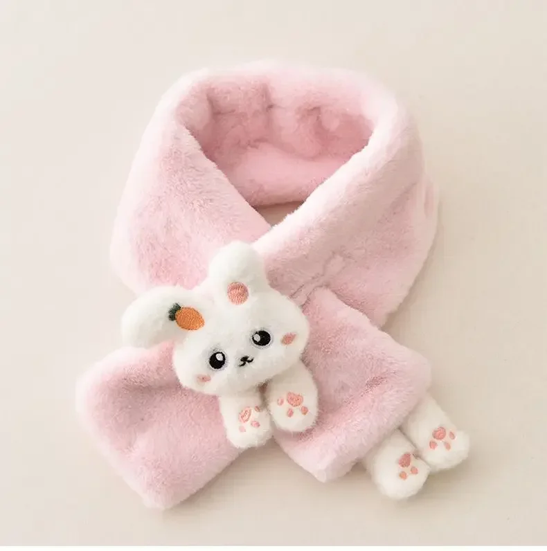 Boys Girls Winter Scarfs Thick Plush Cross Children\'s Scarf Baby Bib Cute Cartoon Rabbit Faux Fur Neck Protection Warm Shawl