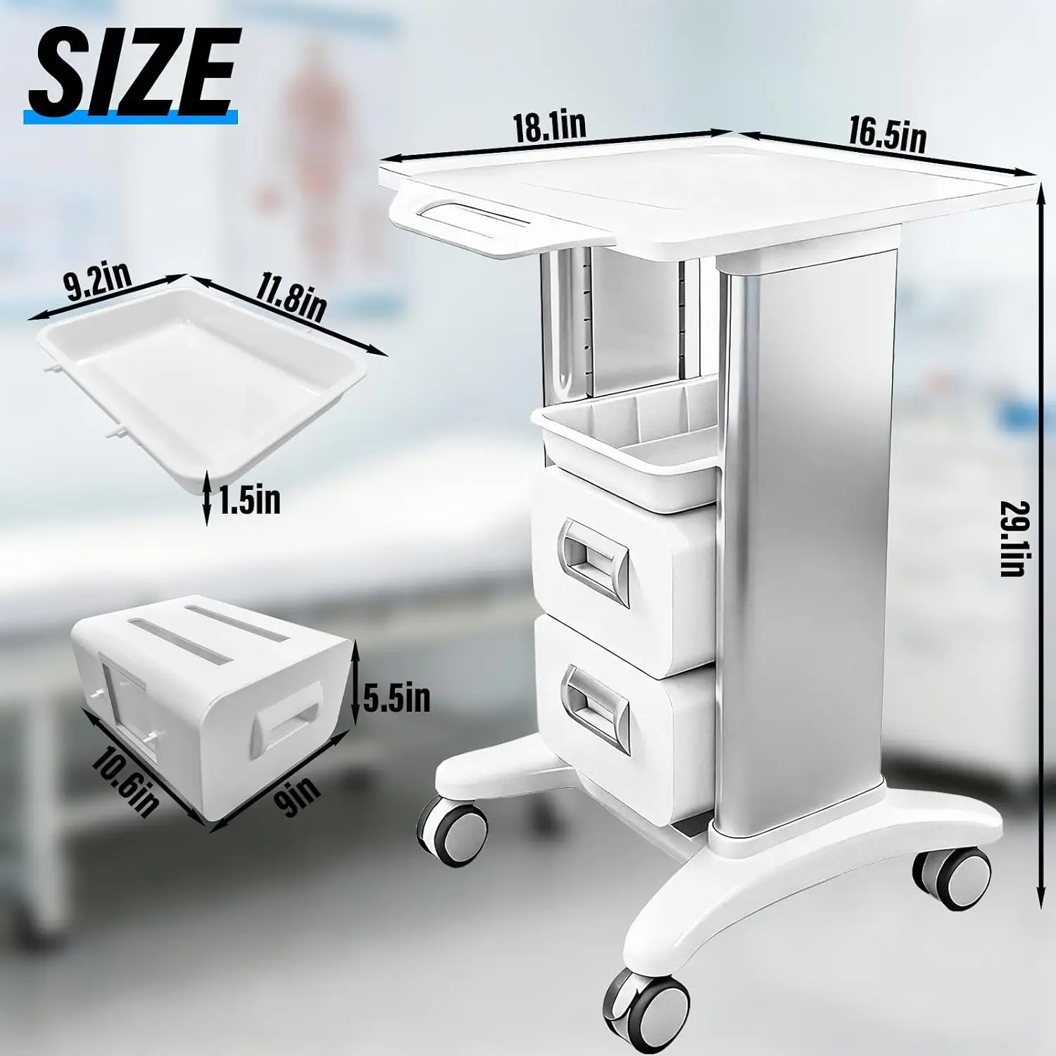 Medical Trolley Cart Mobile with Drawers, Hospital Ultrasound Cart with 4 Silent Swivel Wheels, Portable Medical Trolley Carts,