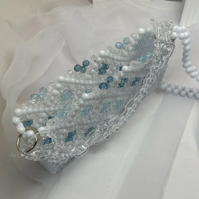 Blue Lingge Design Handmade Beaded Bag Handwoven Acrylic Crystal Women\'s Shoulder Bags Fashion New in Handbag Customization