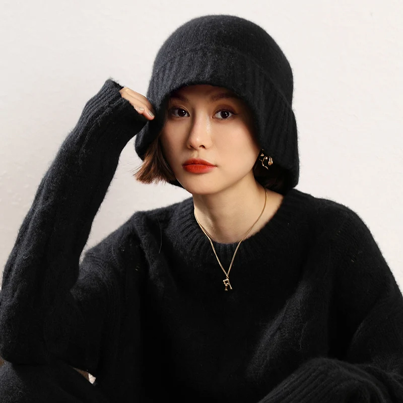 2022 New Arrival Winter Women Hats 100% Cashmere Knitted Hats Headgears Soft Thicken Warm Fashion Girl Cap 4Colors High Quality