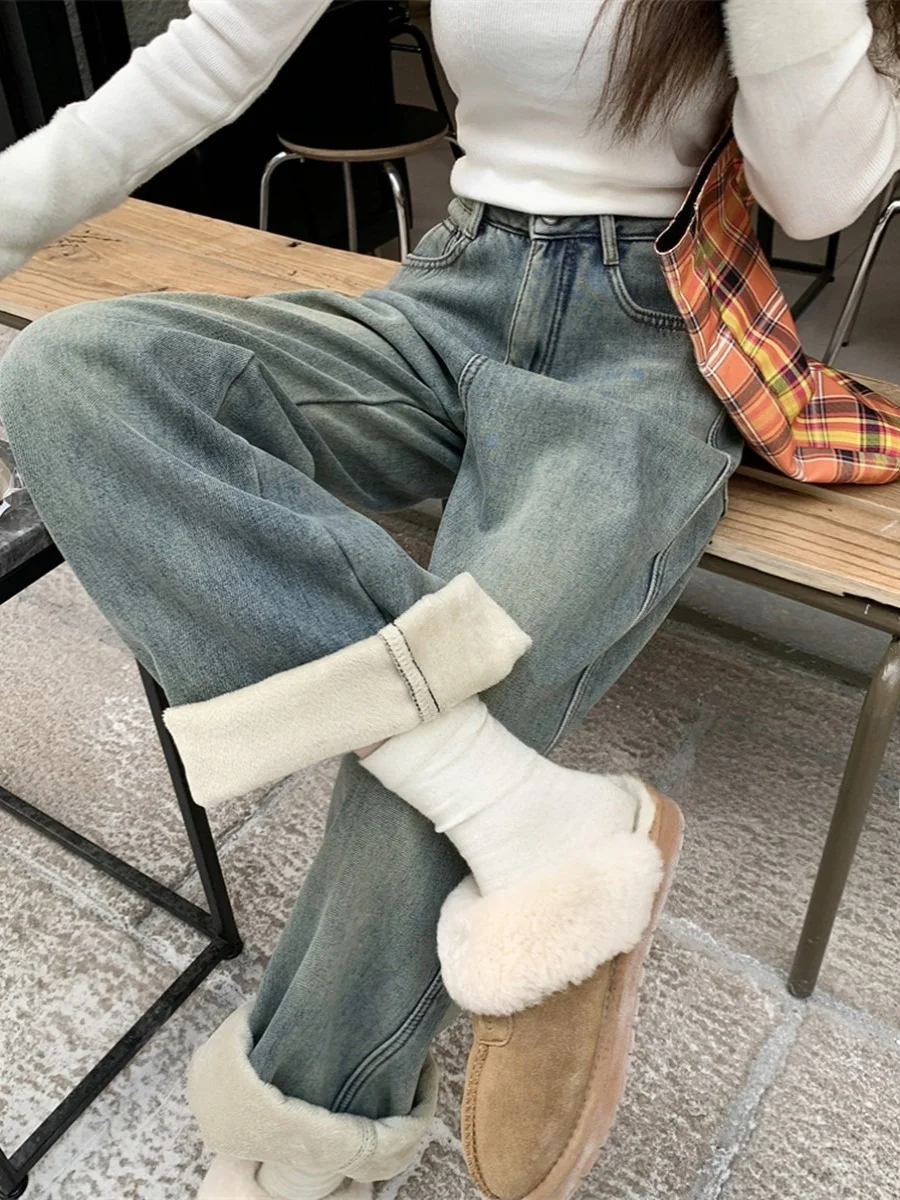 

Thiened Fce Lined Vintage Distred Denim Pants Women's Autumn Winter plus Size Loose Wide Leg Jeans Floor Length