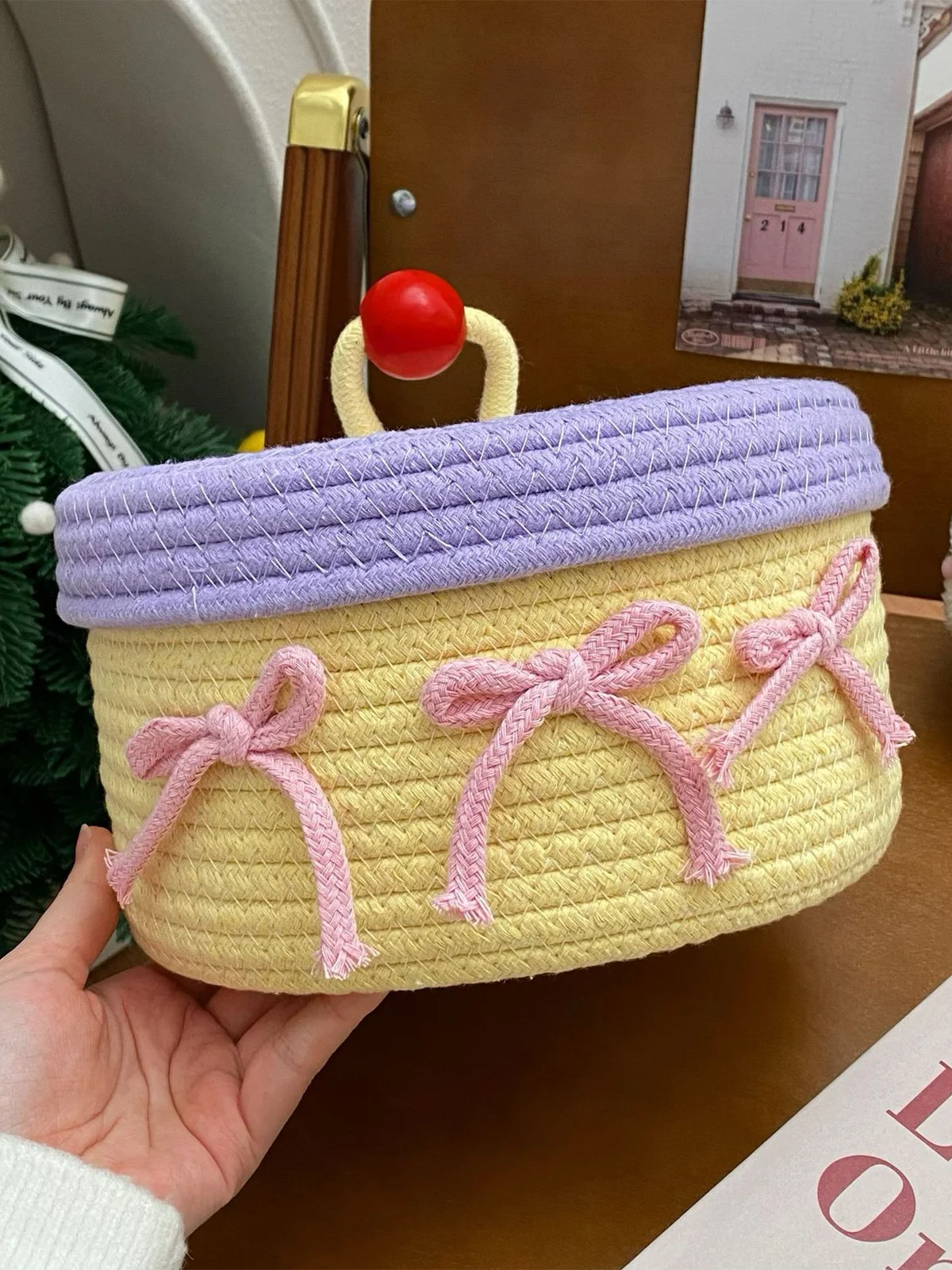 Cute Cotton Rope Woven Storage Baske  Household Dustproof Organizer with Lid, Desktop Sundries Holder for Home Deco