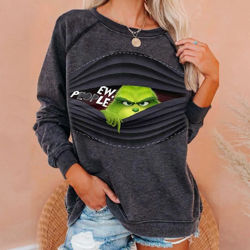 Nieuwe herfst- en winterdameskleding Casual grappig groen harig monster bedrukt sweatshirt top T-shirt