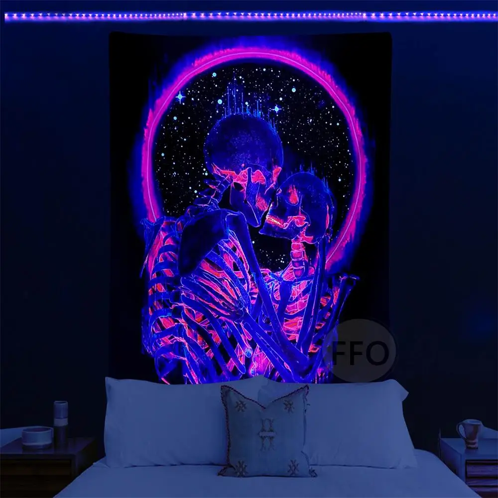 Skull Blacklight Wall Tapestry UV Reactive Room Decor Aesthetic Luminous Neon  Bedroom Decoration Yoga Meditation