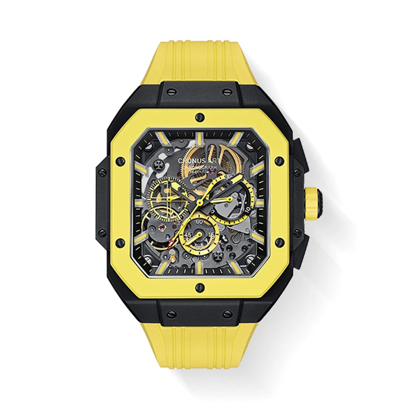 CRONUSART ساعة أوتوماتيكية للرجال كرونوغراف 45 مللي متر مستطيل ساعة اليد الميكانيكية الكربون الصلب حالة مضيئة الهيكل العظمي الهاتفي