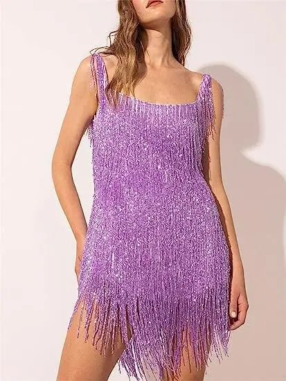 

Sexy Deep V Neck Backless Sequin Mini Dresses Sparkly Tassels Fringe Dress Women Party Evening Cocktail Dress New Female Clothes