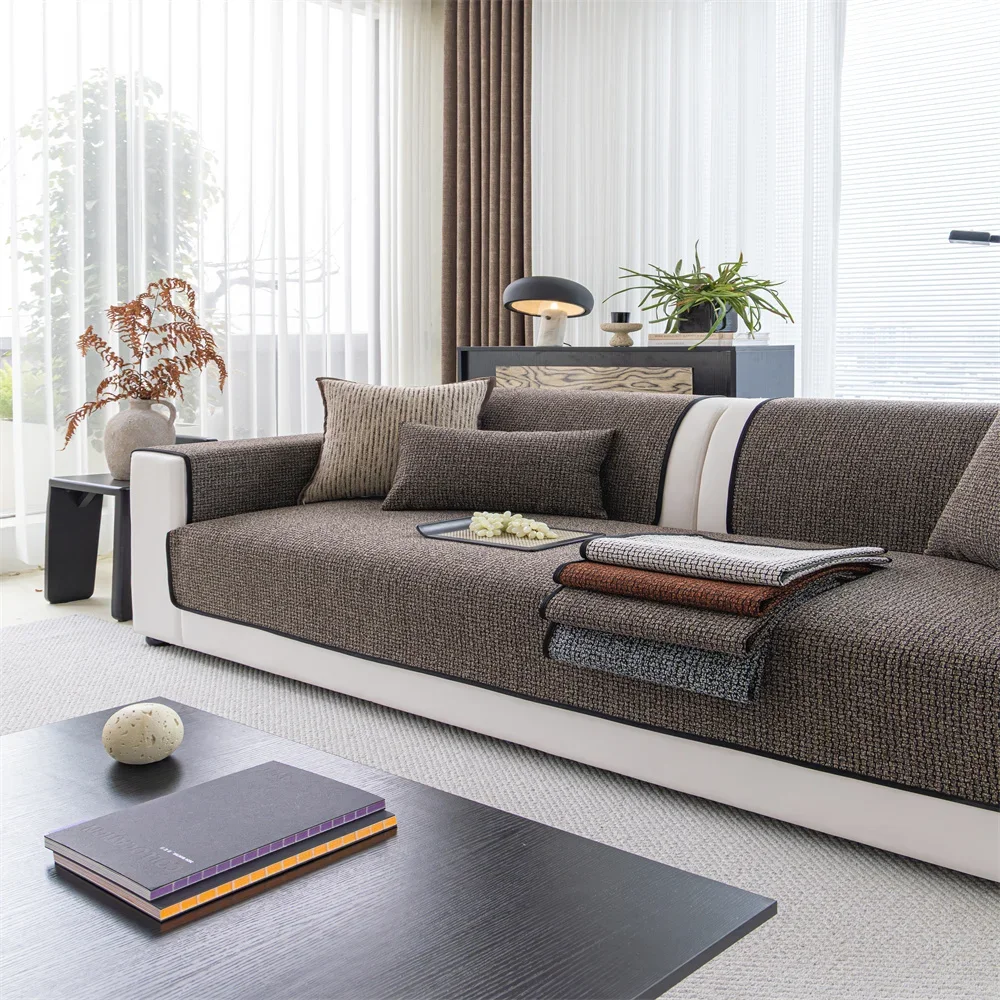 Retro Chenille Sofa Cushion Cover Universal Non-Slip Fixed Straight Row All-Seasons Slipcover for Home Comfort