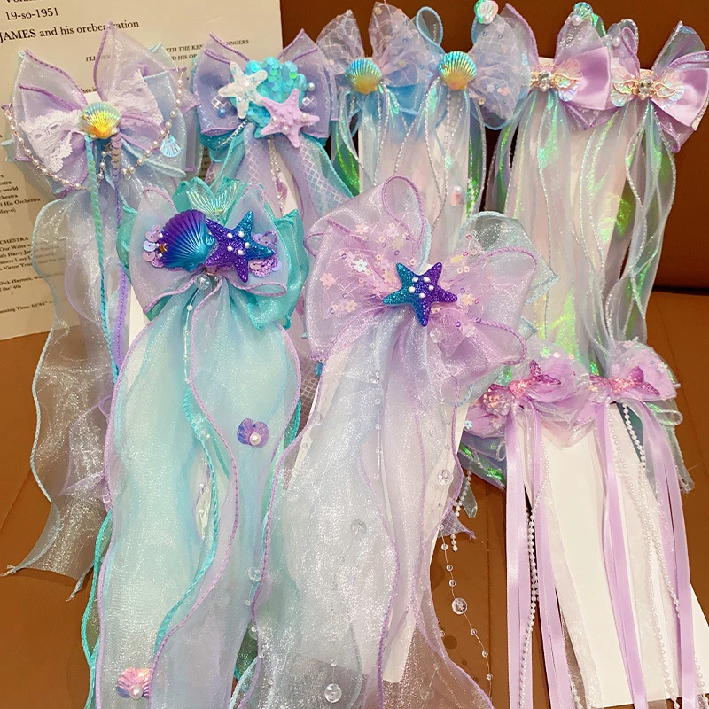【B】Mermaid Headwear Children Princess Bow Hairpin Girls Floating Yarn Braided Hair Clip Mermaid Maiden Hair Accessory