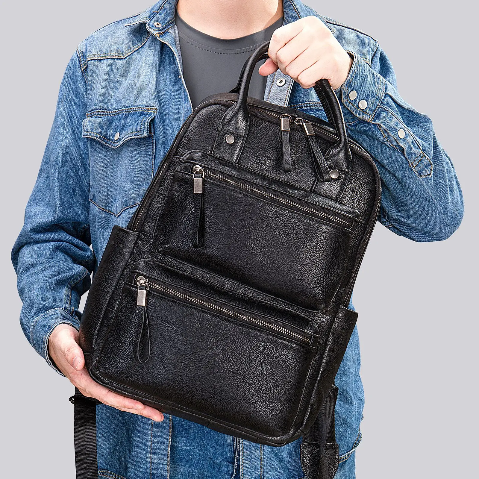 Modische Tasche aus echtem Leder für Herren und Damen, 14-Zoll-Laptop-Rucksäcke, Jungen- und Mädchen-Schulrucksack, Reiserucksack aus Rindsleder