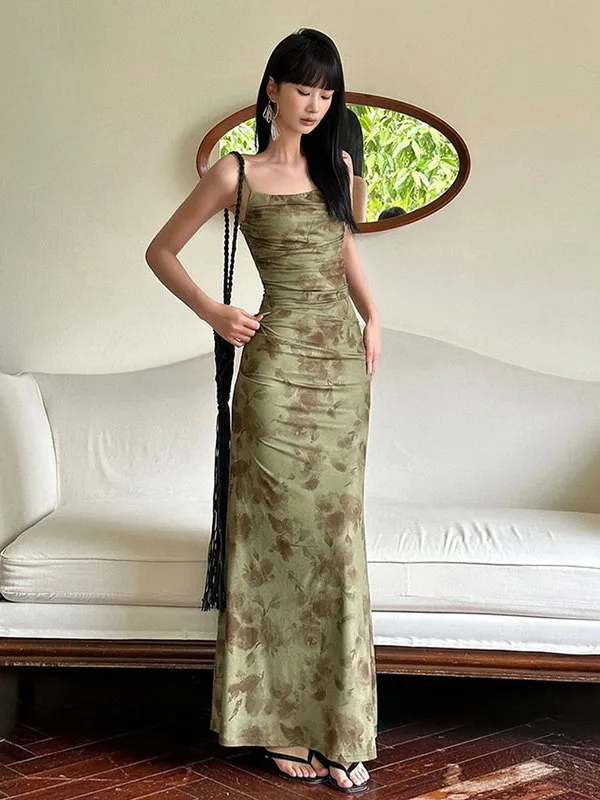 

Green Floral Lace Halter Dress Women's Style Commute Korean High Waist No Sleeve Printed Material Wrap Body Summer Dress