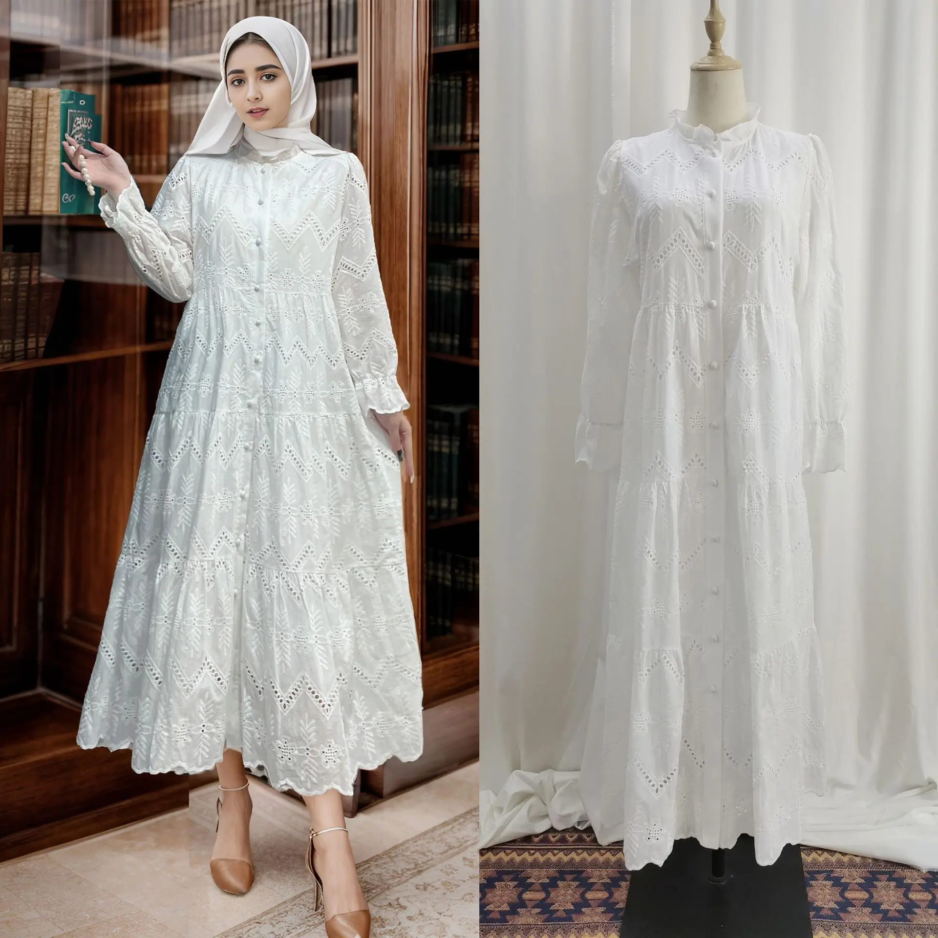 

Stand Collar Hollow Lace Dress for Women Loose Single-breasted Long Sleeves Abaya Dubai Ladies Dress Middle Eastern Turkey Robe