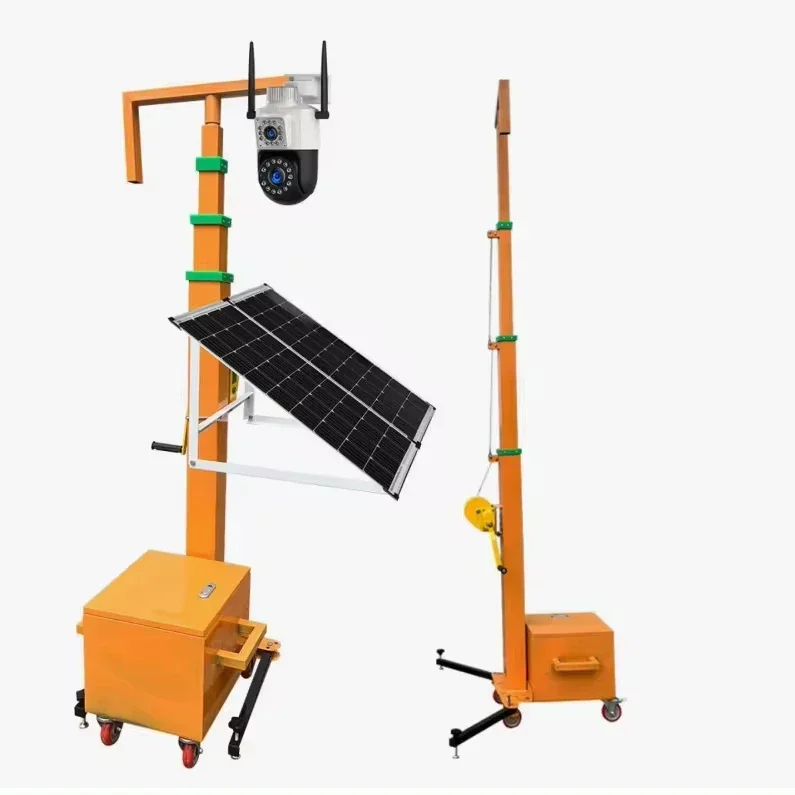 6M Waterproof Trolley Solar Powered Mobile Lifting Rod Lighthouse Electric Hydraulic Lifting Mast with Brakes 50KG