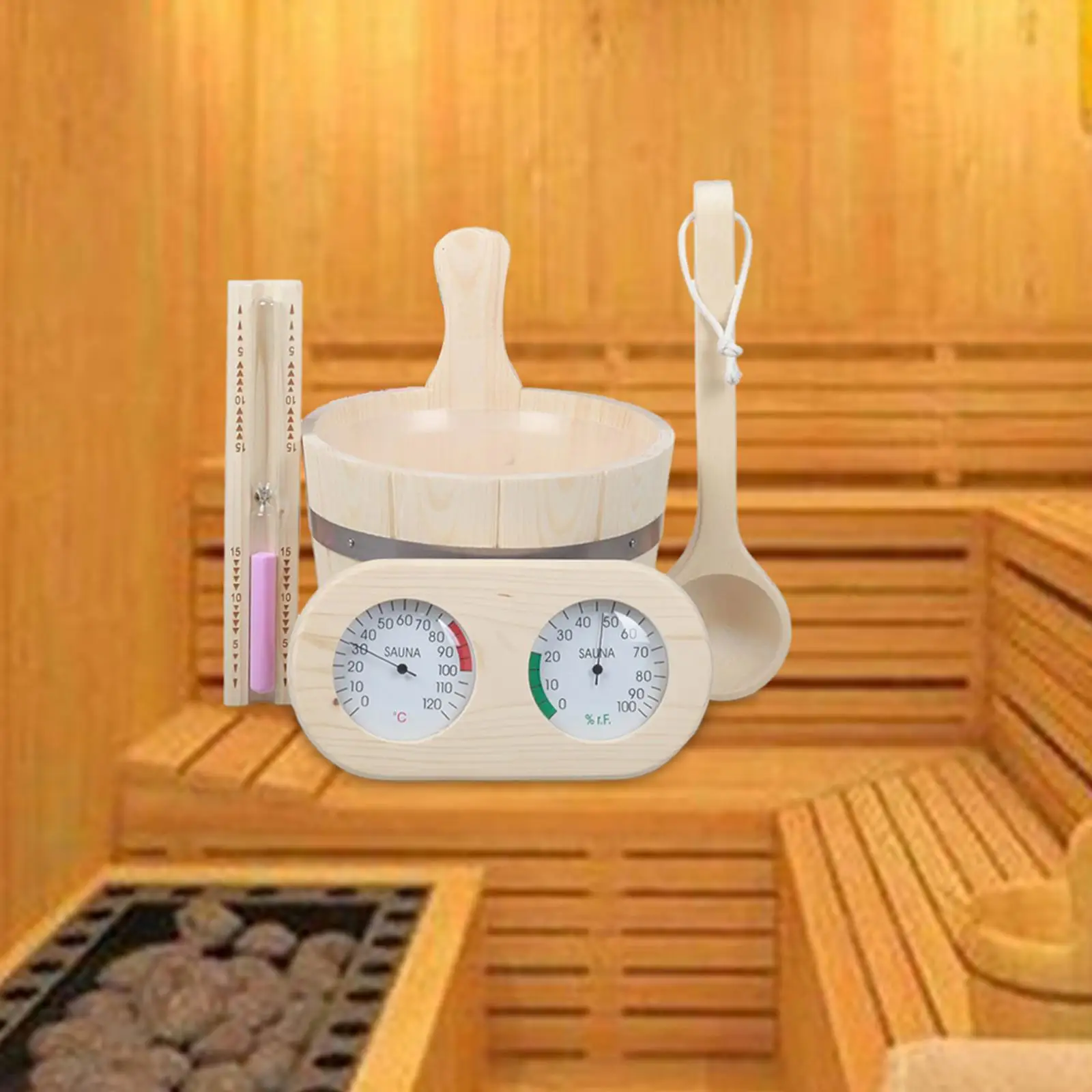 5x Sauna Accessories Set, Sauna Bucket And Ladle Set, Handmade Thermometer And