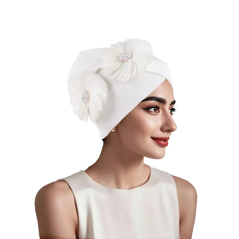 

2025 New Flower Turban Cap for Women African Auto Gele Headties Muslim Hijab Bead Bonnet Headscarf Nigeria Wedding Cap Head Wrap